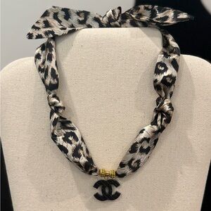 Leopard Silk Scarf Necklace with Black CC Pendant